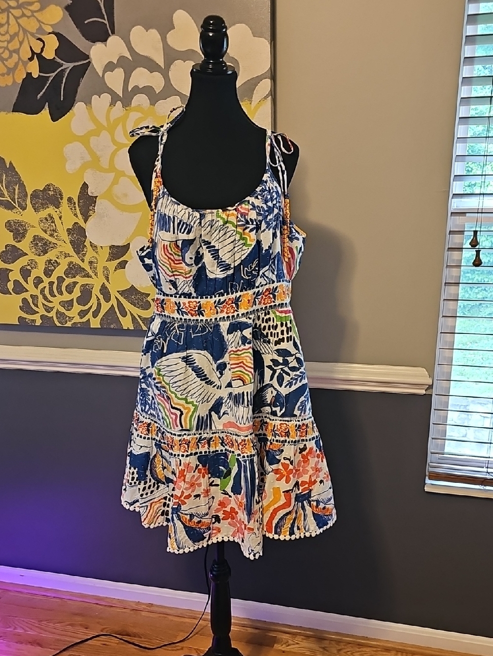 FARM Rio Multicolor Bird & Floral Mini Dress - Blue, White, Orange, Green Sz XL